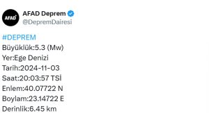 Ege'de 5.3 büyüklüğünde deprem meydana geldi