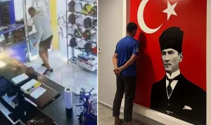 Yabancı uyruklu şahıs Atatürk görseline su döküp bastı