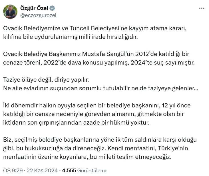 Özgür Özel kayyum atamalarına tepki gösterdi