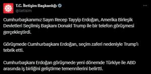 Erdoğan, Trump'ı tebrik ederek iş birliğini vurguladı