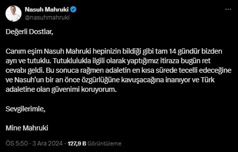 Nasuh Mahruki'nin tutukluluğuna itiraz reddedildi