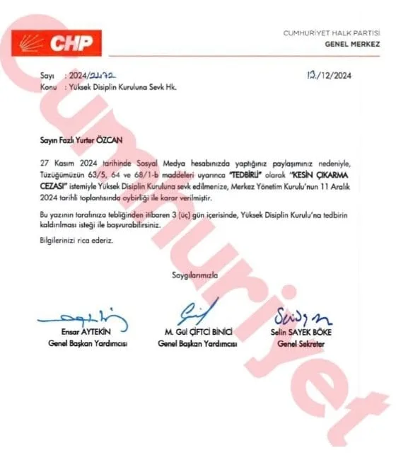 CHP Yurter Özcan'ı ihraç ediyor