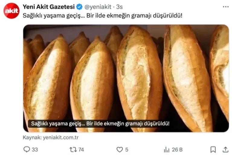 Yeni Akit, ekmeğe zamı "sağlıklı yaşam" olarak duyurdu