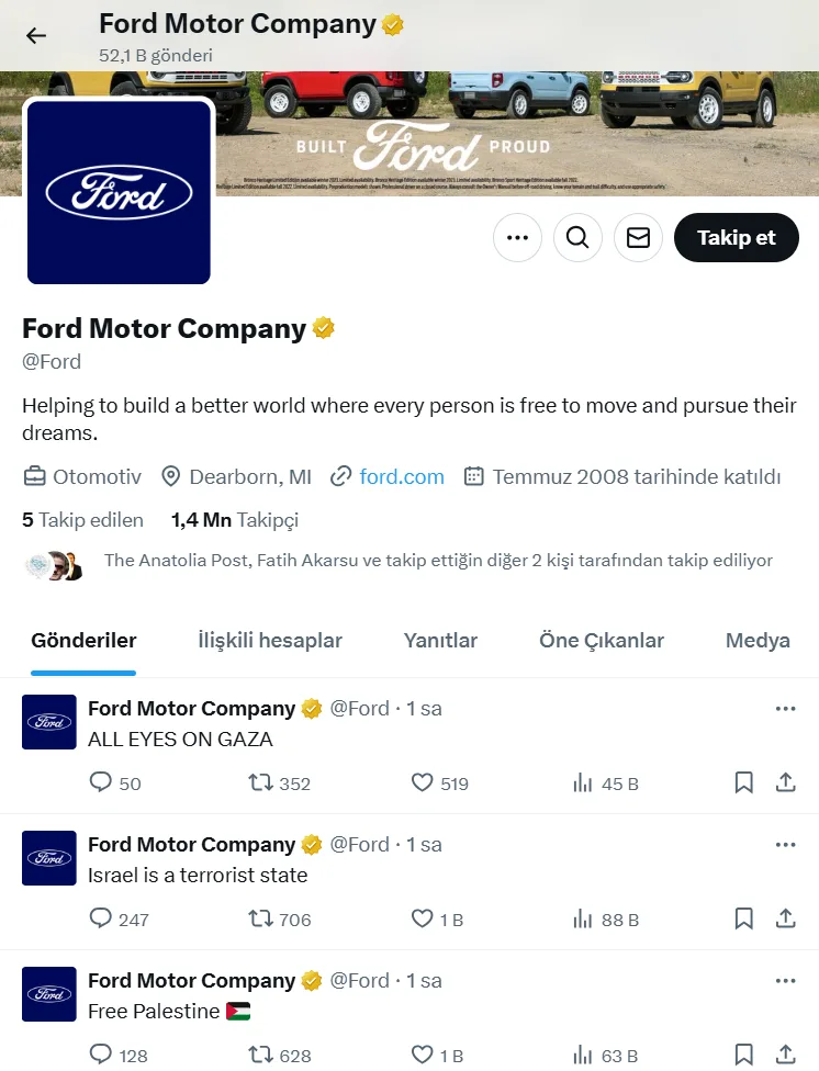 Ford'un sosyal medya hesabı hacklendi mi?