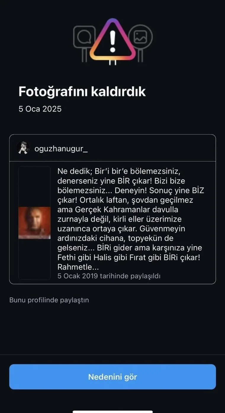 Instagram, Oğuzhan Uğur'un paylaşımını sansürledi