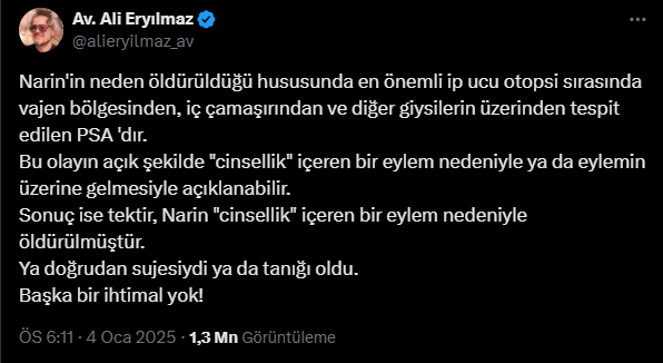 Narin Güran cinayetinde avukattan 'cinsellik' iddiası