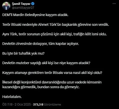 AKP'li Şamil Tayyar'dan Ahmet Türk'e eleştiri