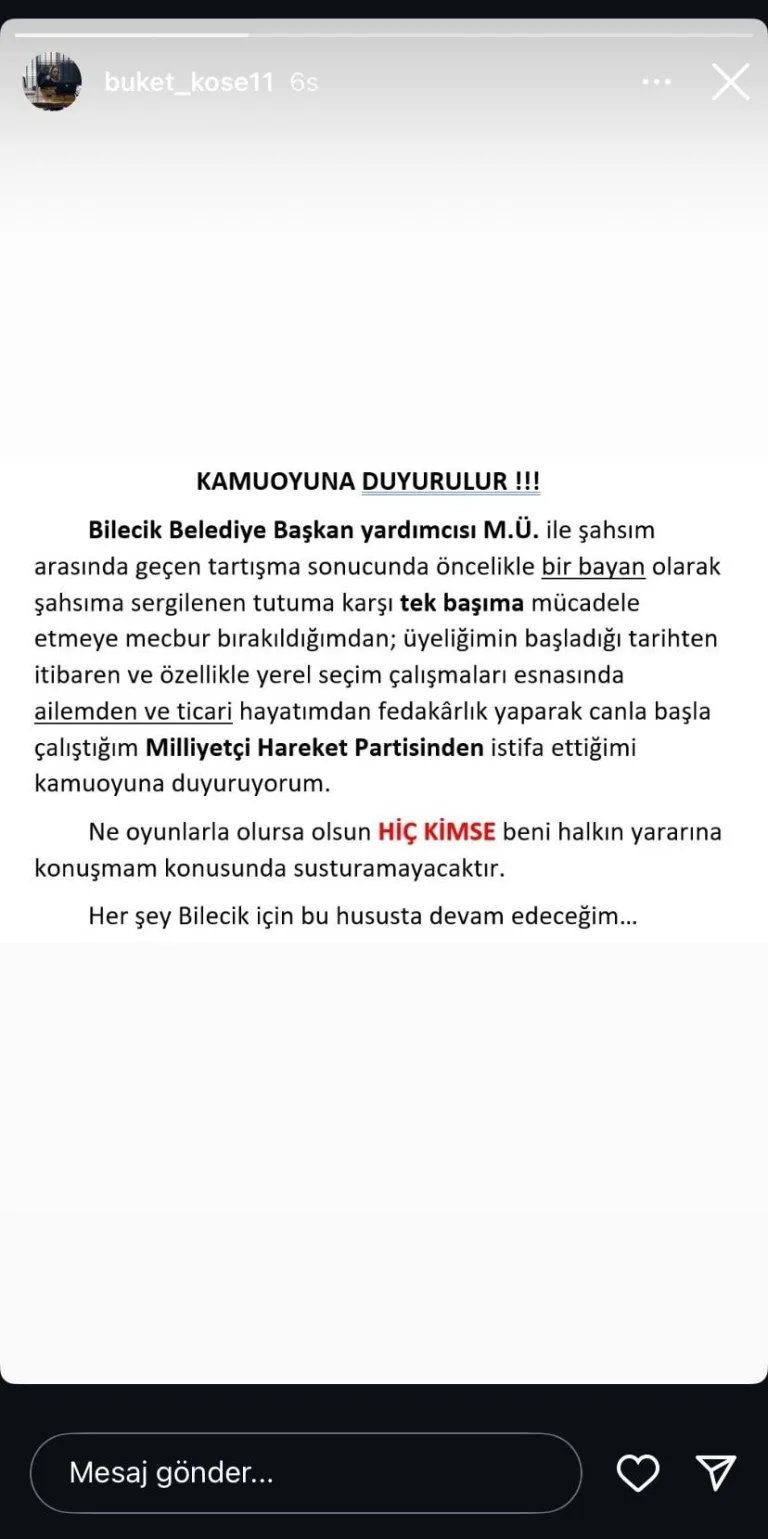 MHP Bilecik'te istifa: Buket Köse, susturulamayacağını duyurdu